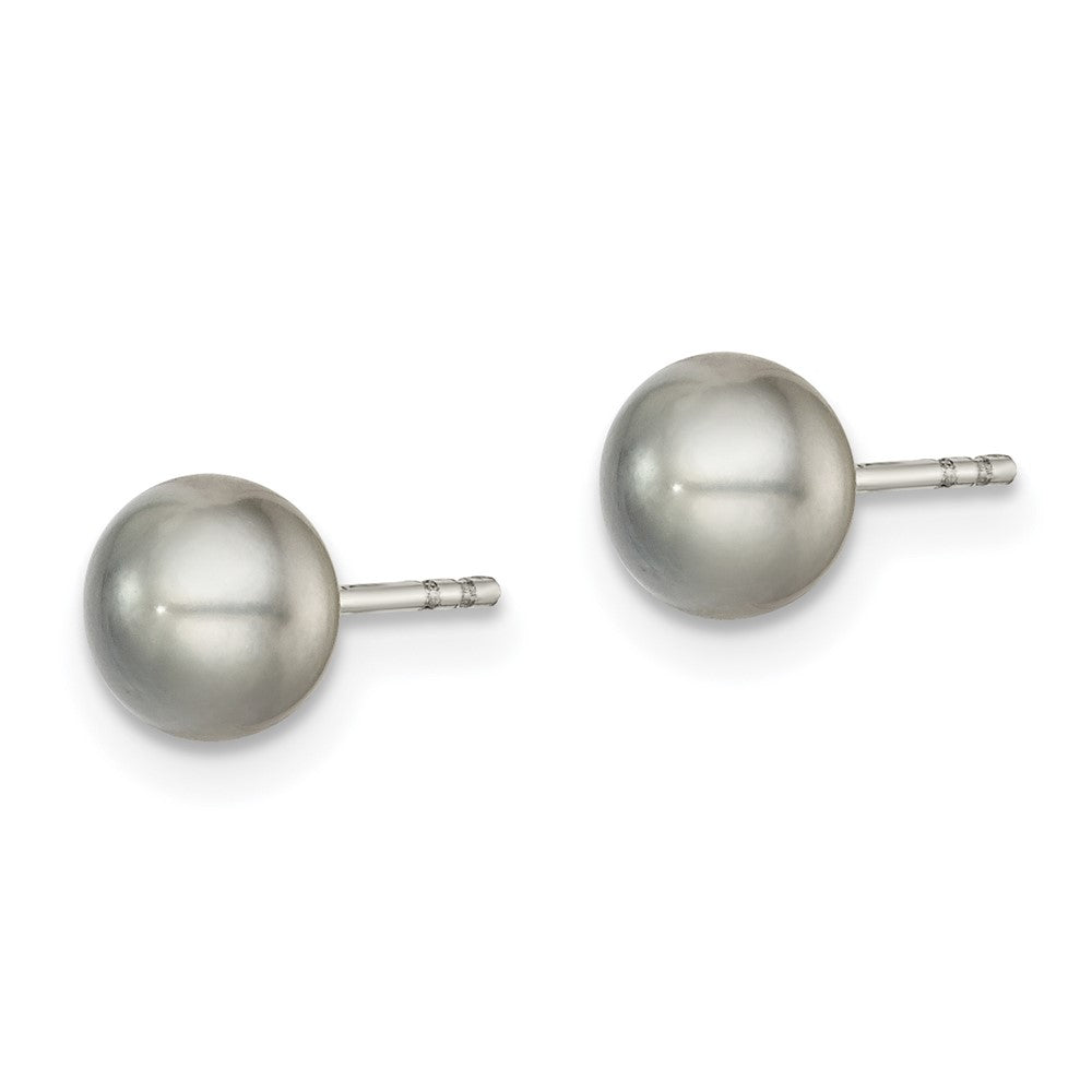 QE12676 Sterling Silver Rhodium-plated 5-6mm Grey Button Freshwater Cultured Pearl Post Earrings