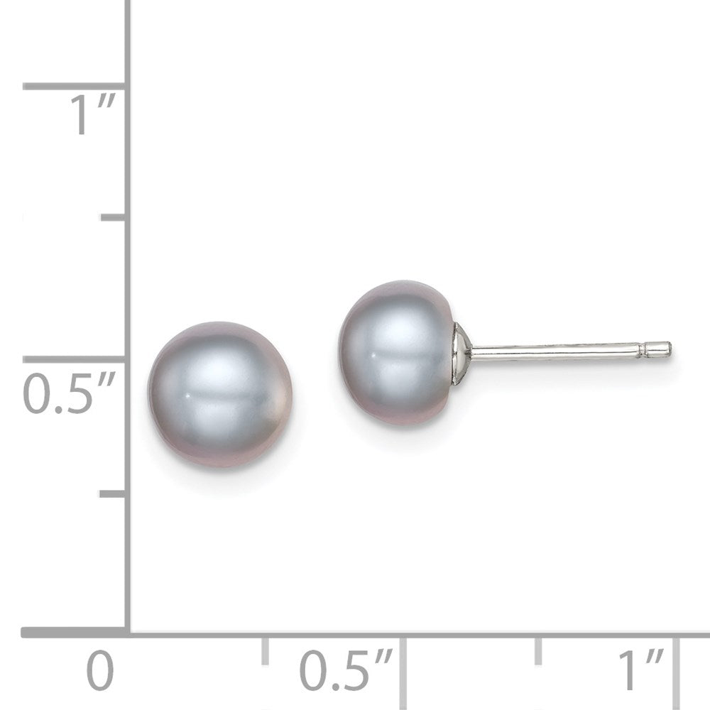 QE12678 Sterling Silver Rhodium-plated 7-8mm Grey Button Freshwater Cultured Pearl Post Earrings