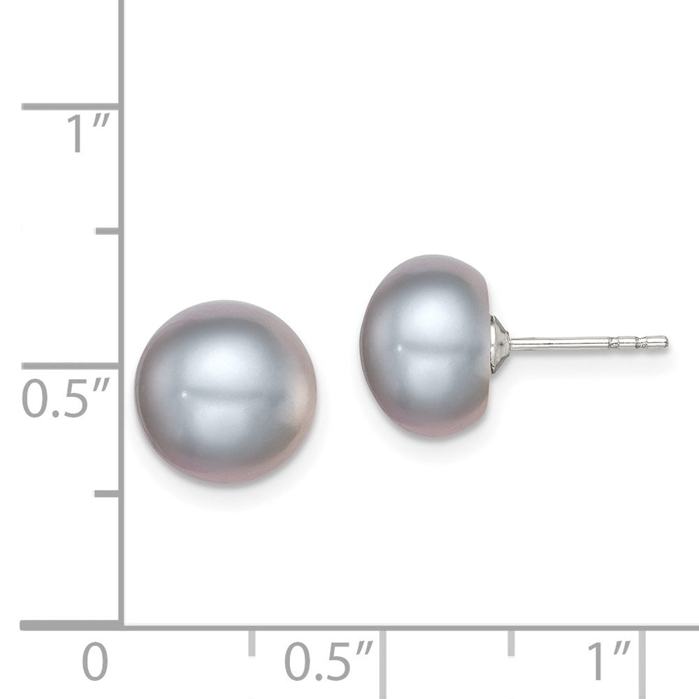 QE12679 Sterling Silver Rhodium-plated 9-10mm Grey Button Freshwater Cultured Pearl Post Earrings