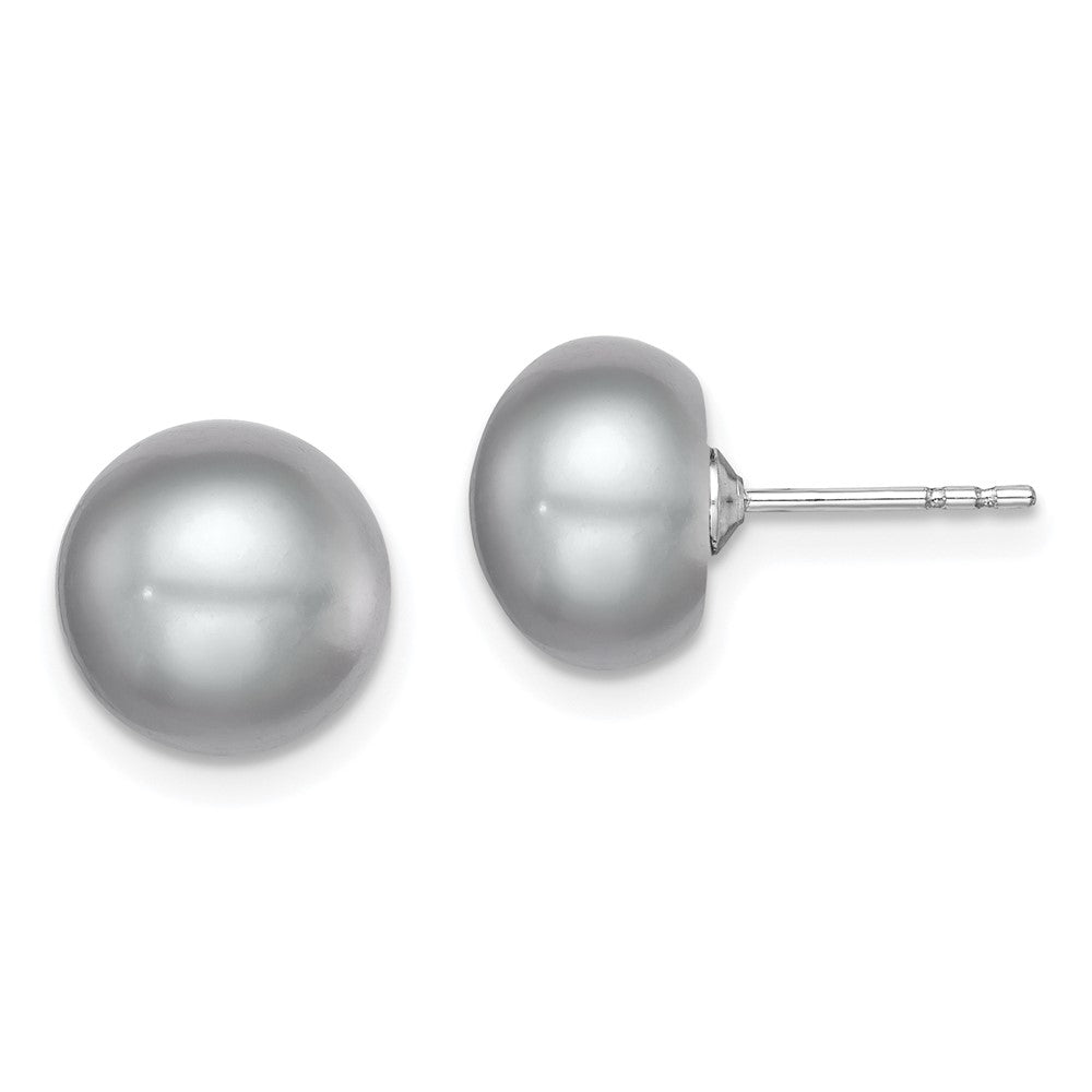 QE12679 Sterling Silver Rhodium-plated 9-10mm Grey Button Freshwater Cultured Pearl Post Earrings