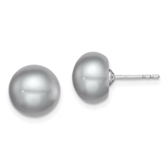QE12679 Sterling Silver Rhodium-plated 9-10mm Grey Button Freshwater Cultured Pearl Post Earrings