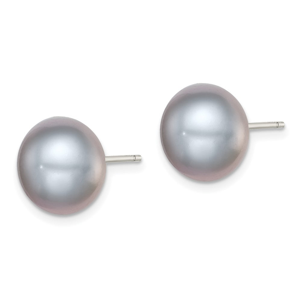 QE12680 Sterling Silver Rhodium-plated 11-12mm Grey Button Freshwater Cultured Pearl Post Earrings
