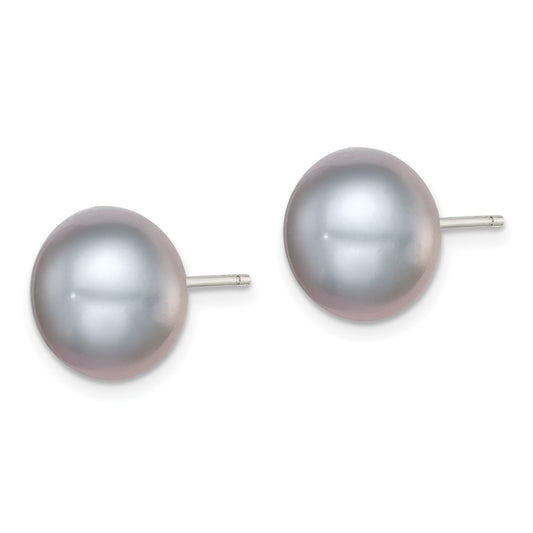 QE12680 Sterling Silver Rhodium-plated 11-12mm Grey Button Freshwater Cultured Pearl Post Earrings
