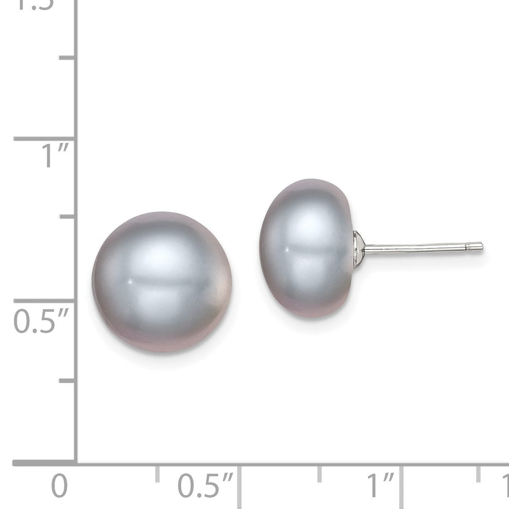 QE12680 Sterling Silver Rhodium-plated 11-12mm Grey Button Freshwater Cultured Pearl Post Earrings