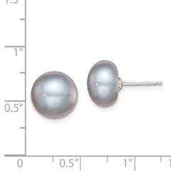 QE12680 Sterling Silver Rhodium-plated 11-12mm Grey Button Freshwater Cultured Pearl Post Earrings