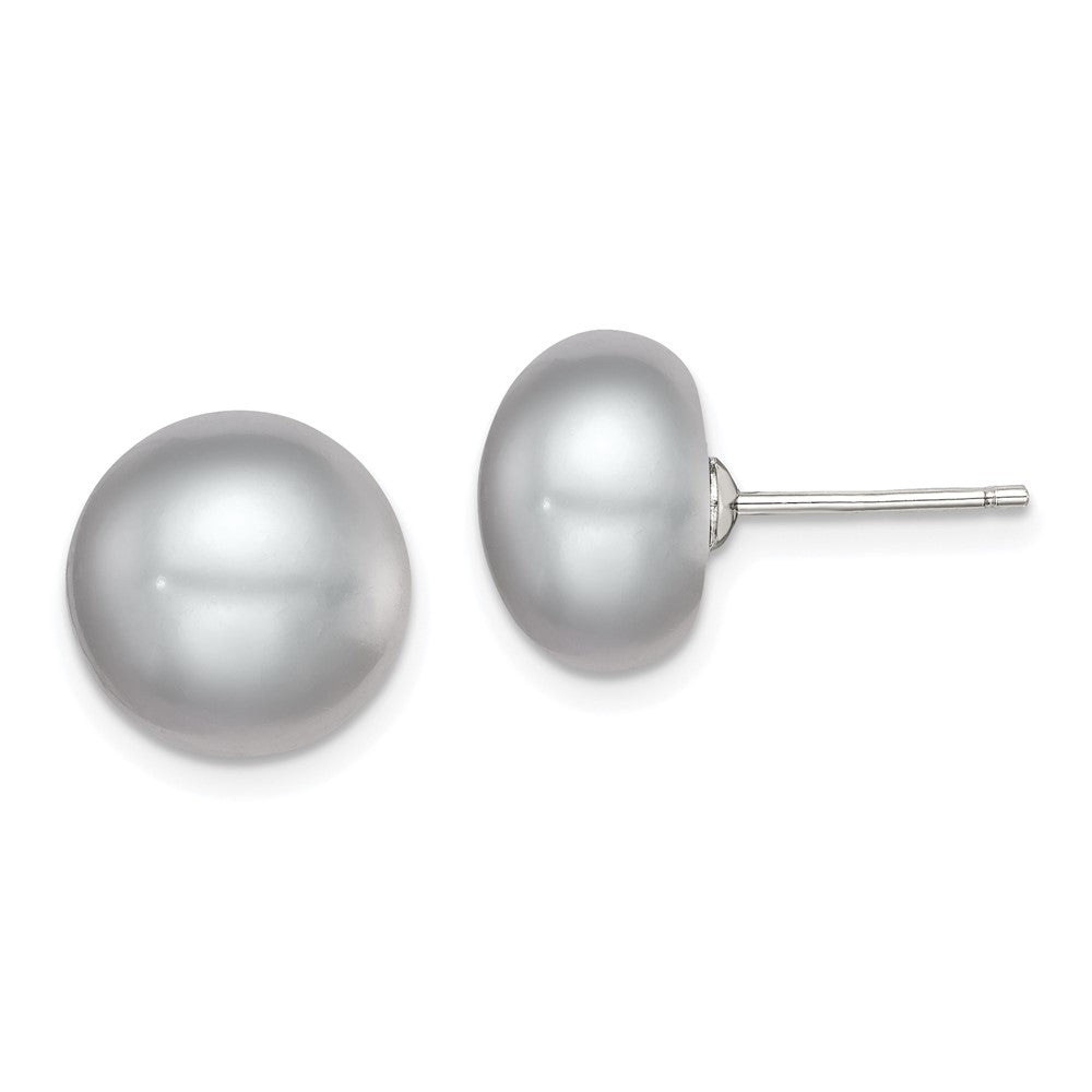 QE12680 Sterling Silver Rhodium-plated 11-12mm Grey Button Freshwater Cultured Pearl Post Earrings