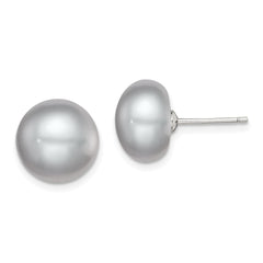 QE12680 Sterling Silver Rhodium-plated 11-12mm Grey Button Freshwater Cultured Pearl Post Earrings