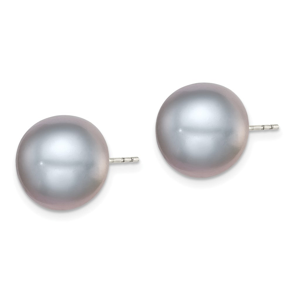 QE12681 Sterling Silver Rhodium-plated 12-13mm Grey Button Freshwater Cultured Pearl Post Earrings