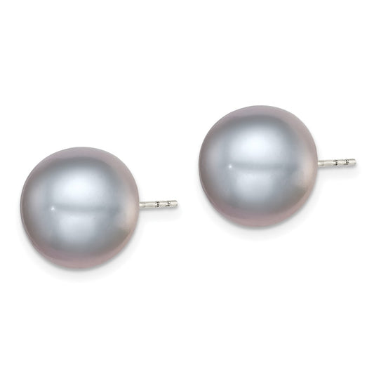 QE12681 Sterling Silver Rhodium-plated 12-13mm Grey Button Freshwater Cultured Pearl Post Earrings