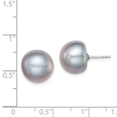 QE12681 Sterling Silver Rhodium-plated 12-13mm Grey Button Freshwater Cultured Pearl Post Earrings