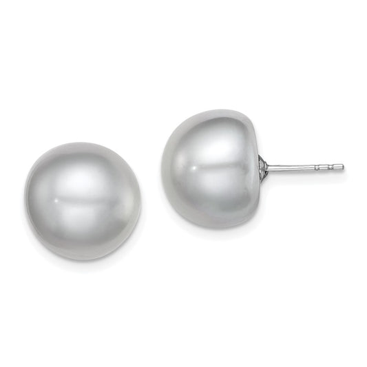 QE12681 Sterling Silver Rhodium-plated 12-13mm Grey Button Freshwater Cultured Pearl Post Earrings