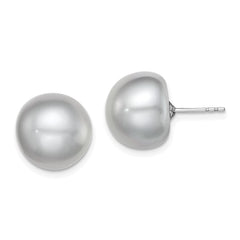 QE12681 Sterling Silver Rhodium-plated 12-13mm Grey Button Freshwater Cultured Pearl Post Earrings