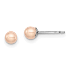 QE12682 Sterling Silver Rhodium-plated 3-4mm Pink Button Freshwater Cultured Pearl Post Earrings