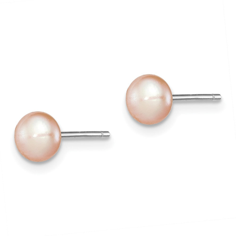 QE12684 Sterling Silver Rhodium-plated 5-6mm Pink Button Freshwater Cultured Pearl Post Earrings