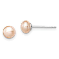 QE12684 Sterling Silver Rhodium-plated 5-6mm Pink Button Freshwater Cultured Pearl Post Earrings