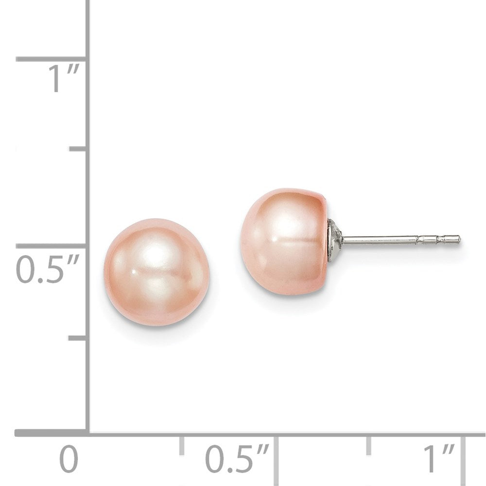 QE12685 Sterling Silver Rhodium-plated 7-8mm Pink Button Freshwater Cultured Pearl Post Earrings