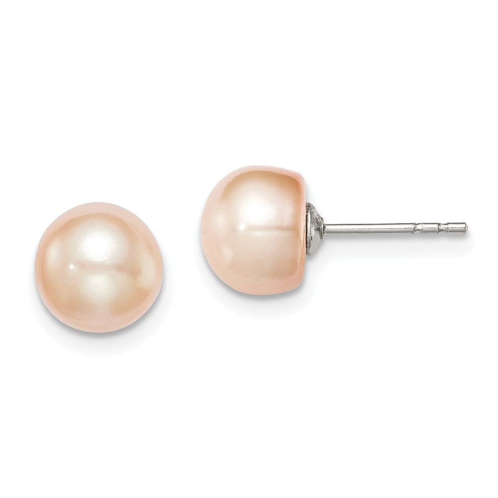 QE12685 Sterling Silver Rhodium-plated 7-8mm Pink Button Freshwater Cultured Pearl Post Earrings