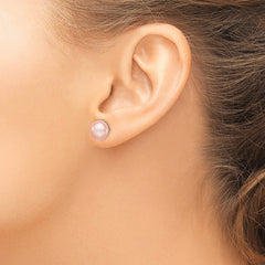 QE12686 Sterling Silver Rhodium-plated 9-10mm Pink Button Freshwater Cultured Pearl Post Earrings