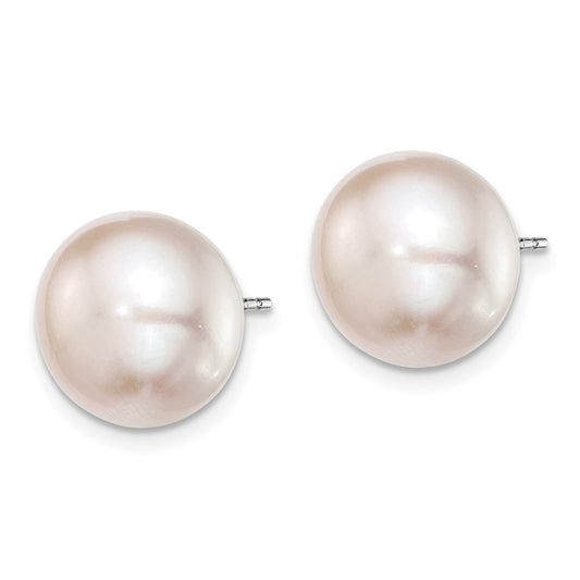 QE12687 Sterling Silver Rhodium-plated 11-12mm Pink Button Freshwater Cultured Pearl Post Earrings