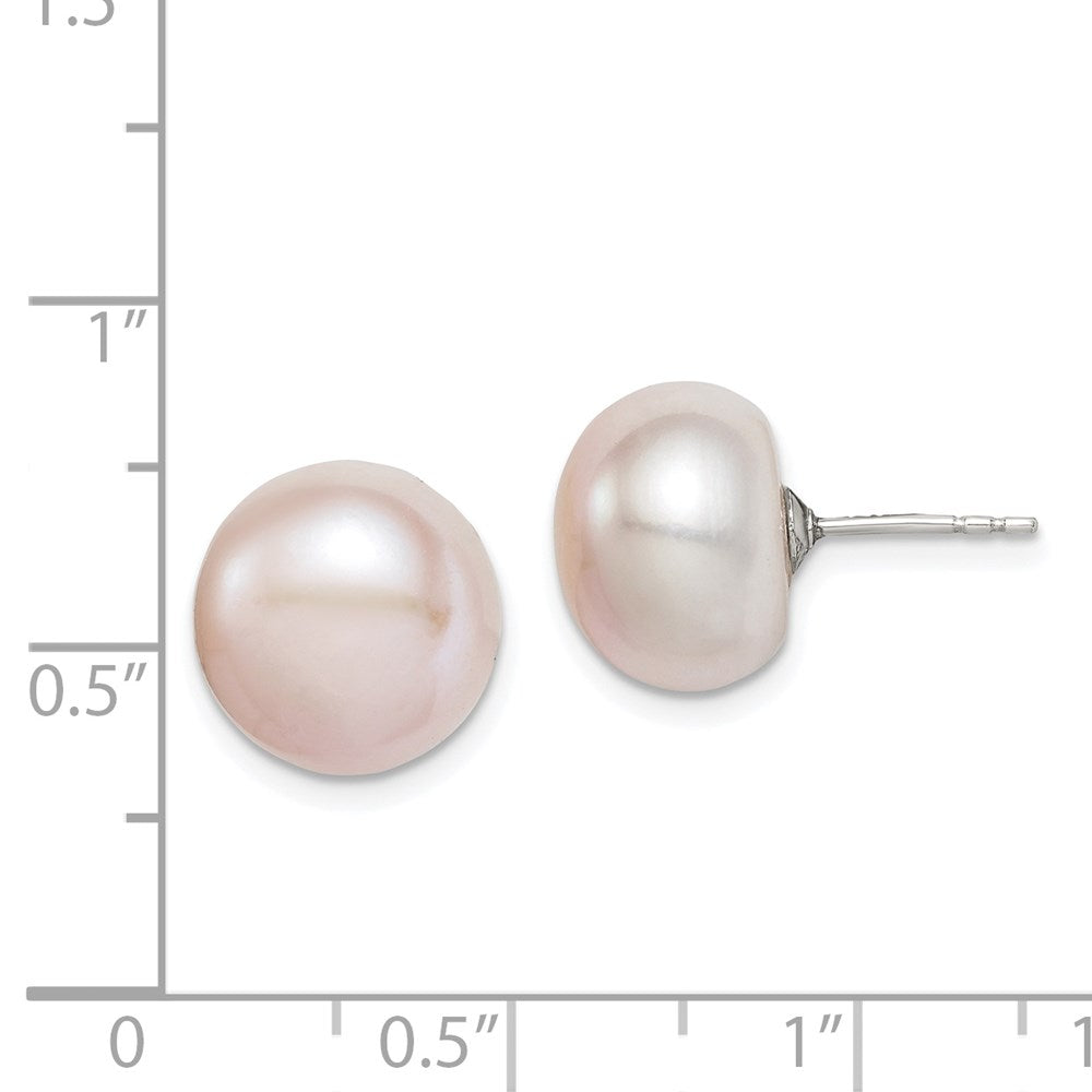 QE12687 Sterling Silver Rhodium-plated 11-12mm Pink Button Freshwater Cultured Pearl Post Earrings