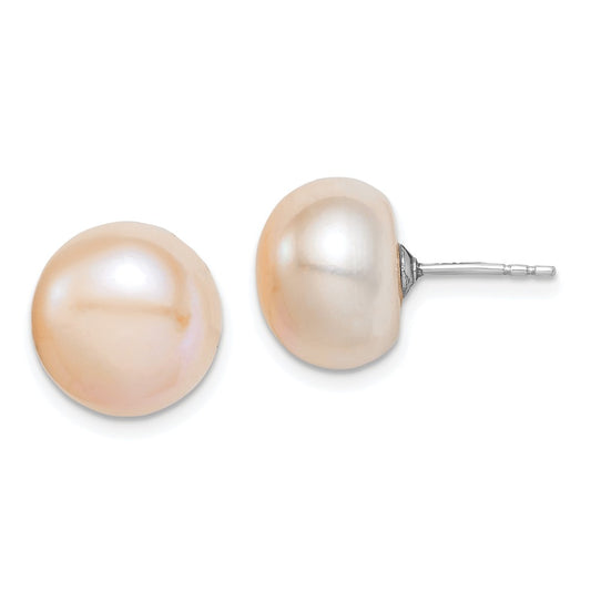 QE12687 Sterling Silver Rhodium-plated 11-12mm Pink Button Freshwater Cultured Pearl Post Earrings