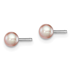 QE12688 Sterling Silver Rhodium-plated 3-4mm Purple Button Freshwater Cultured Pearl Post Earrings