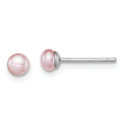 QE12688 Sterling Silver Rhodium-plated 3-4mm Purple Button Freshwater Cultured Pearl Post Earrings
