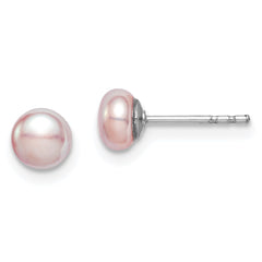 QE12689 Sterling Silver Rhodium-plated 4-5mm Purple Button Freshwater Cultured Pearl Post Earrings