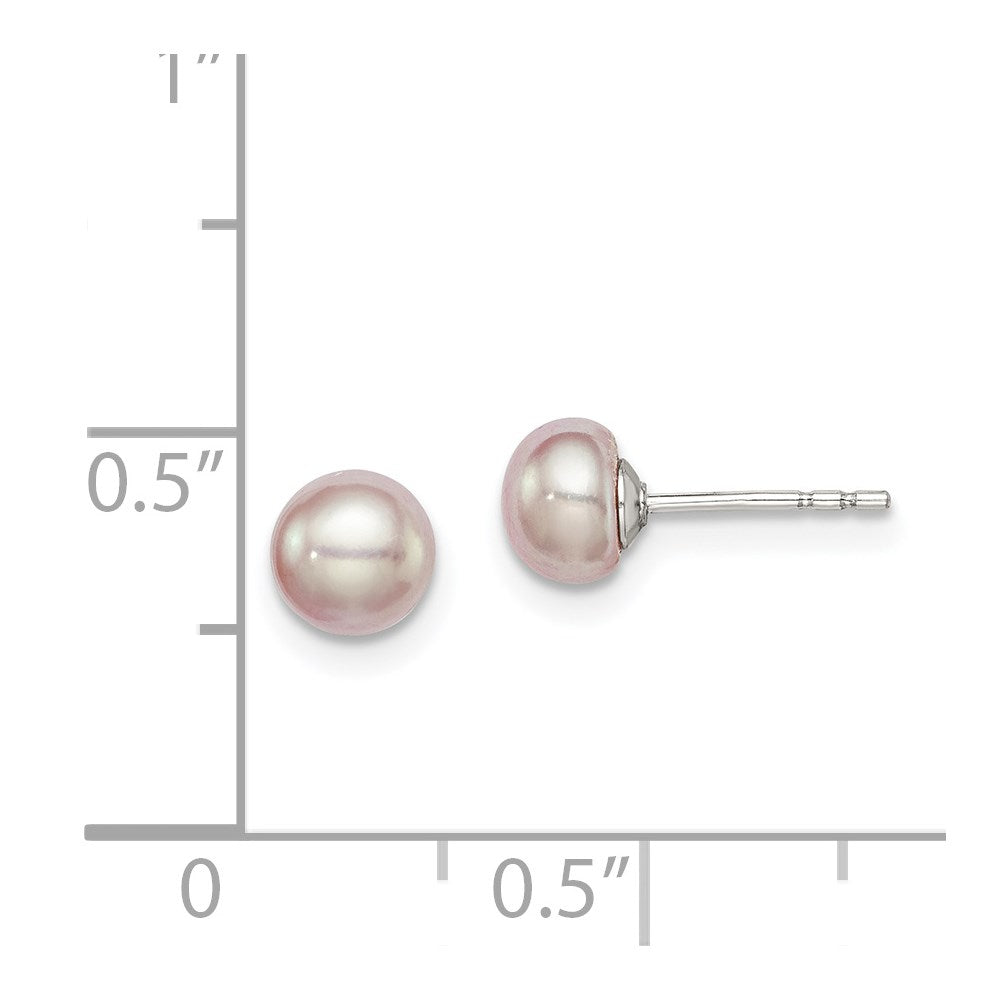 QE12690 Sterling Silver Rhodium-plated 5-6mm Purple Button Freshwater Cultured Pearl Post Earrings
