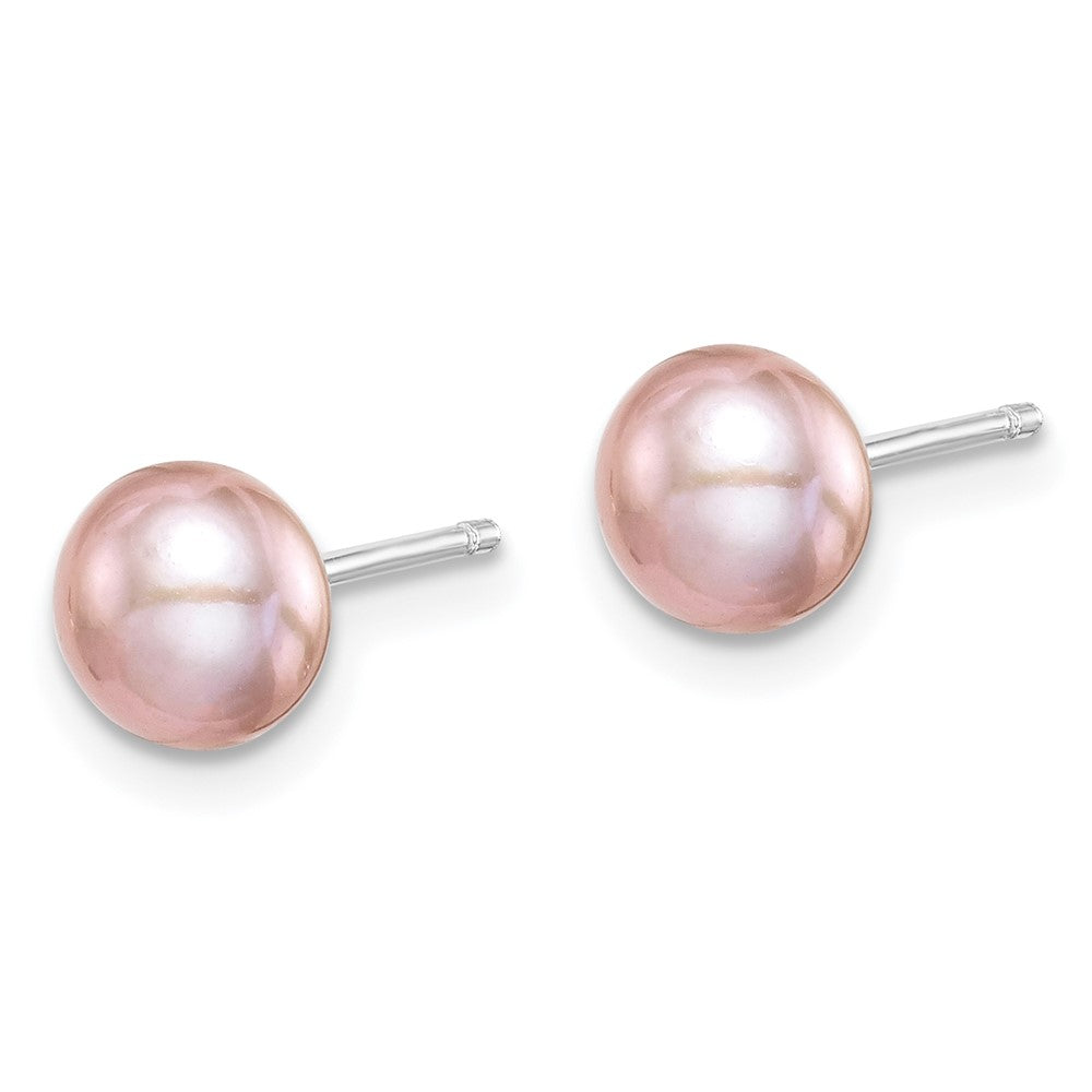 QE12691 Sterling Silver Rhodium-plated 6-7mm Purple Button Freshwater Cultured Pearl Post Earrings