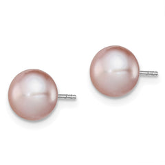 QE12692 Sterling Silver Rhodium-plated 7-8mm Purple Button Freshwater Cultured Pearl Post Earrings