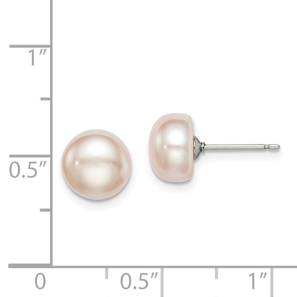 QE12693 Sterling Silver Rhodium-plated 8-9mm Purple Button Freshwater Cultured Pearl Post Earrings