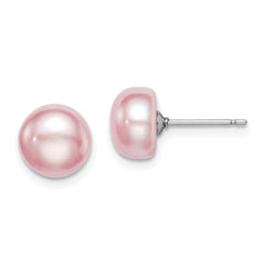 QE12693 Sterling Silver Rhodium-plated 8-9mm Purple Button Freshwater Cultured Pearl Post Earrings