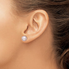 QE12694 Sterling Silver Rhodium-plated 9-10mm Purple Button Freshwater Cultured Pearl Post Earrings
