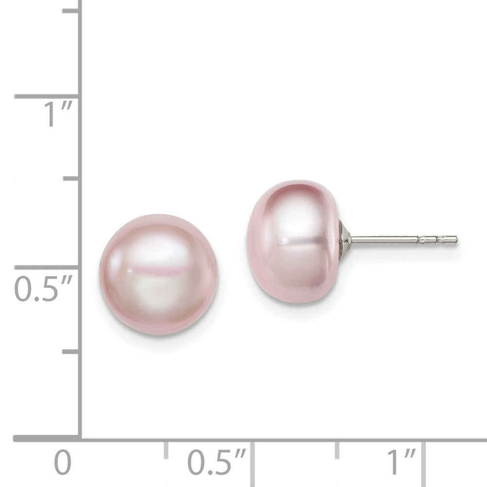 QE12694 Sterling Silver Rhodium-plated 9-10mm Purple Button Freshwater Cultured Pearl Post Earrings
