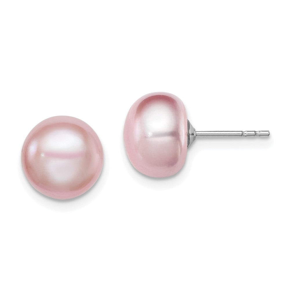 QE12694 Sterling Silver Rhodium-plated 9-10mm Purple Button Freshwater Cultured Pearl Post Earrings