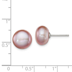 QE12695 Sterling Silver Rhodium-plated 10-11mm Purple Button Freshwater Cultured Pearl Post Earrings
