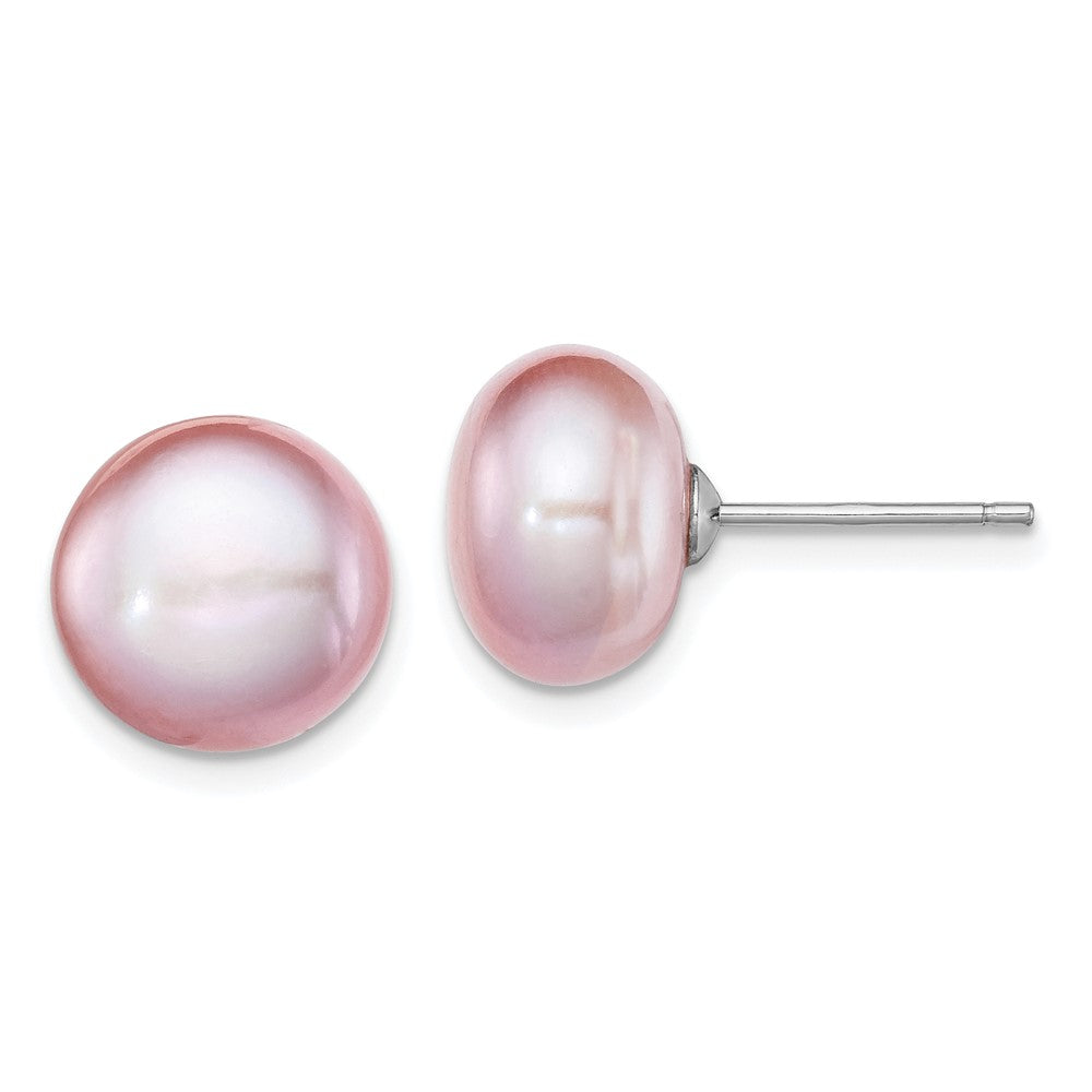 QE12695 Sterling Silver Rhodium-plated 10-11mm Purple Button Freshwater Cultured Pearl Post Earrings