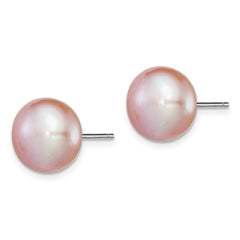 QE12696 Sterling Silver Rhodium-plated 11-12mm Purple Button Freshwater Cultured Pearl Post Earrings