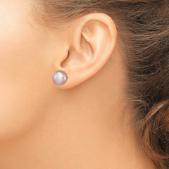 QE12696 Sterling Silver Rhodium-plated 11-12mm Purple Button Freshwater Cultured Pearl Post Earrings