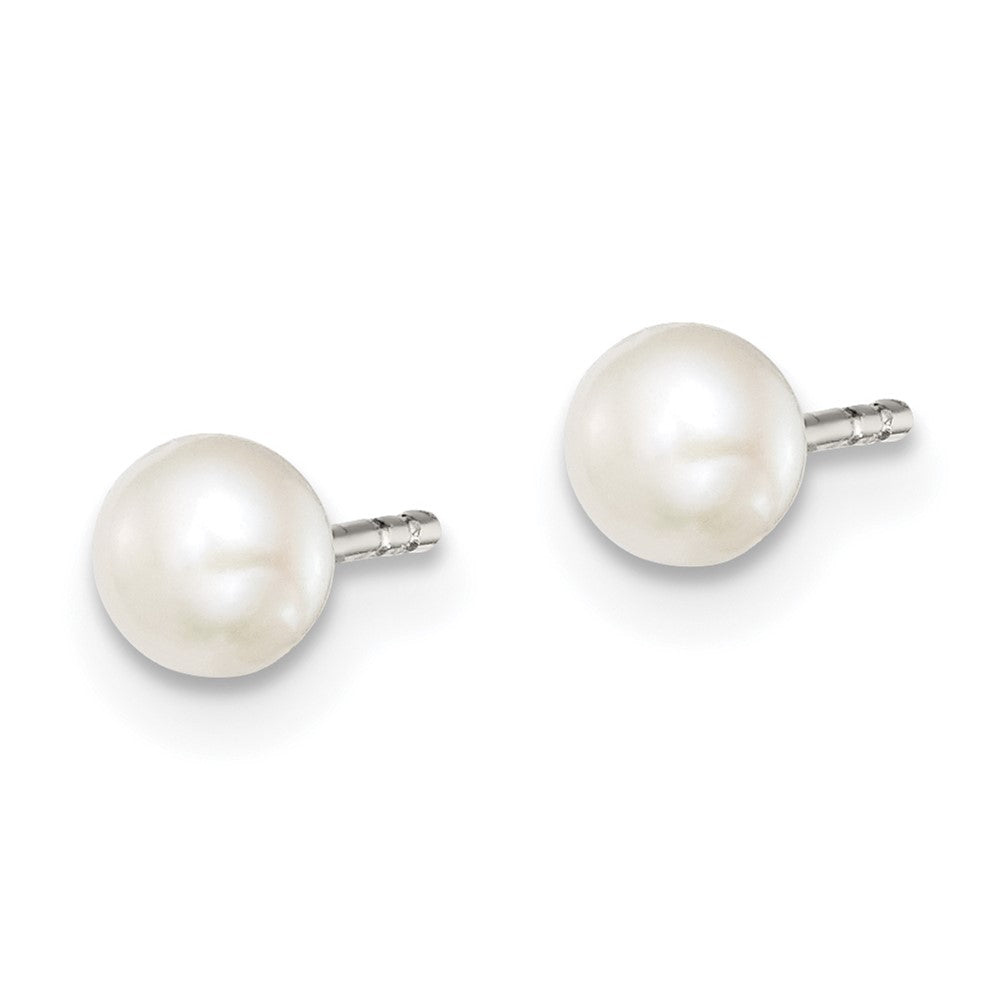 QE12697 Sterling Silver Rhodium-plated 3-4mm White Button Freshwater Cultured Pearl Post Earrings