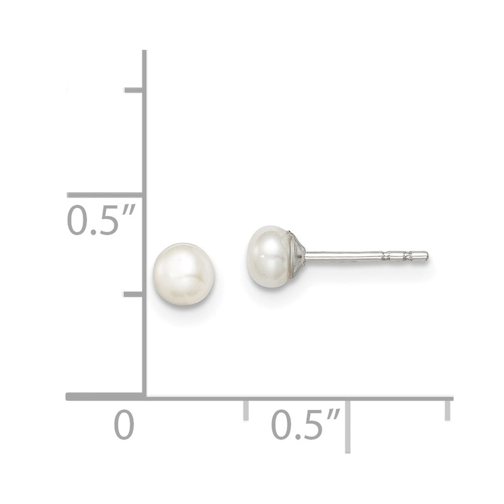 QE12697 Sterling Silver Rhodium-plated 3-4mm White Button Freshwater Cultured Pearl Post Earrings