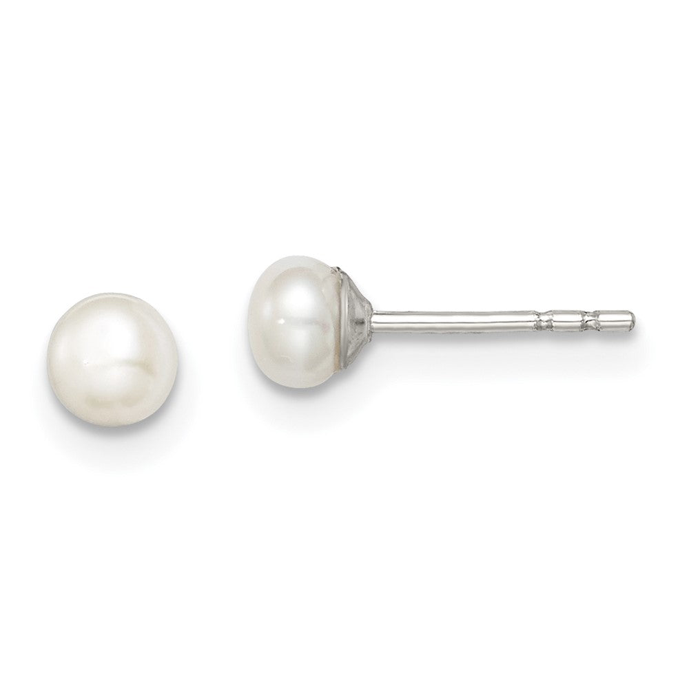 QE12697 Sterling Silver Rhodium-plated 3-4mm White Button Freshwater Cultured Pearl Post Earrings
