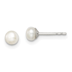 QE12697 Sterling Silver Rhodium-plated 3-4mm White Button Freshwater Cultured Pearl Post Earrings