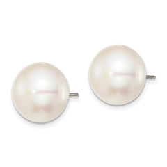 QE12698 Sterling Silver Rhodium-plated 12-13mm White Button Freshwater Cultured Pearl Post Earrings