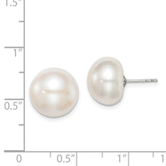QE12698 Sterling Silver Rhodium-plated 12-13mm White Button Freshwater Cultured Pearl Post Earrings