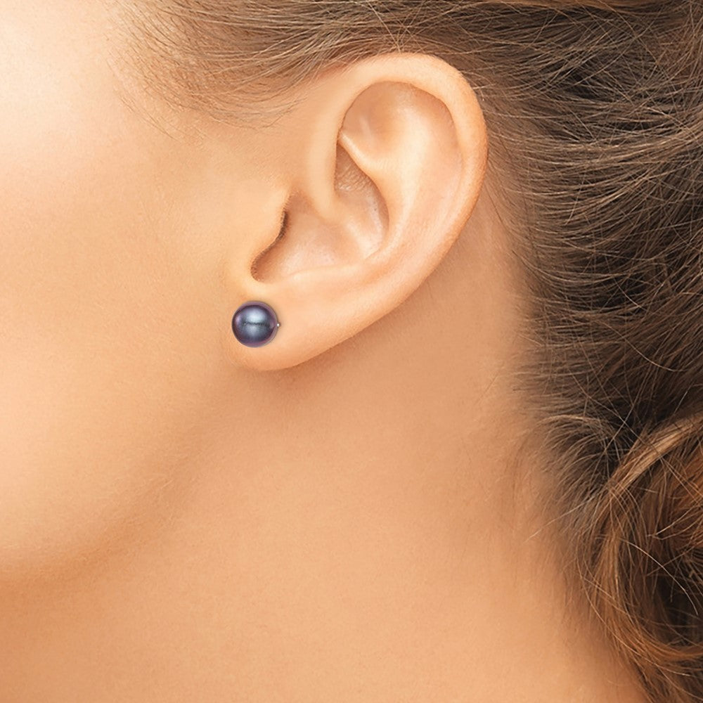 QE12704 Sterling Silver Rhodium-plated 8-9mm Black Round Freshwater Cultured Pearl Post Earrings