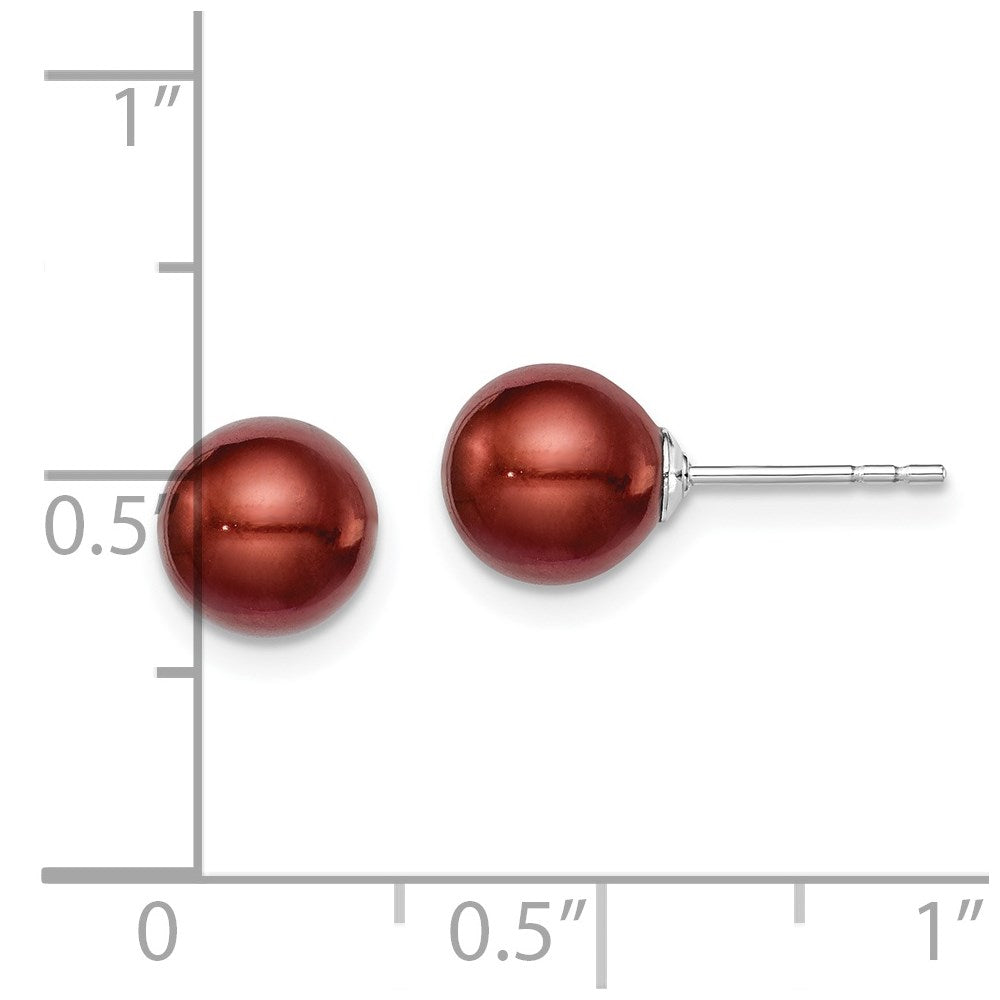 QE12710 Sterling Silver Rhodium-plated 7-8mm Brown Round Freshwater Cultured Pearl Post Earring