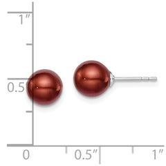 QE12710 Sterling Silver Rhodium-plated 7-8mm Brown Round Freshwater Cultured Pearl Post Earring