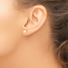 QE12722 Sterling Silver Rhodium-plated 7-8mm Pink Round Freshwater Cultured Pearl Post Earrings